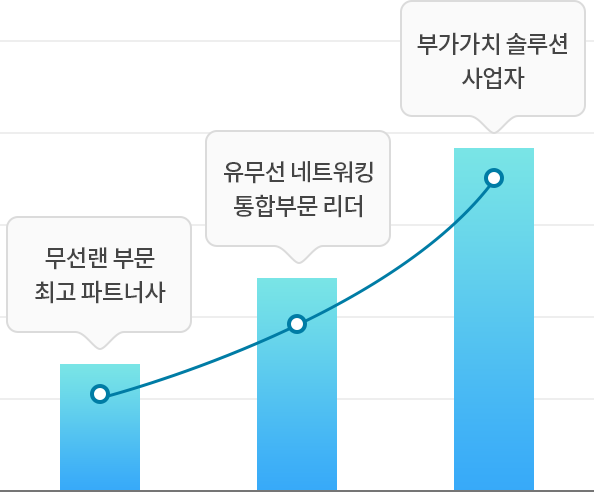 점점 상상하는 그래프이미지 최고 파트너사 무선랜 부문/통합부문 리더 유무선 네트워킹/부가가치 솔루션 사업자